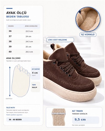 NOLEN Kadın Acı Kahve Bağcıklı Lüks Süet İçi Kürklü 4 Cm Kalın Taban Sneaker Spor Ayakkabı