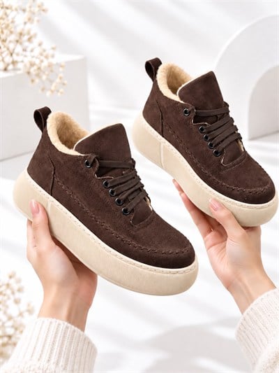 NOLEN Kadın Acı Kahve Bağcıklı Lüks Süet İçi Kürklü 4 Cm Kalın Taban Sneaker Spor Ayakkabı