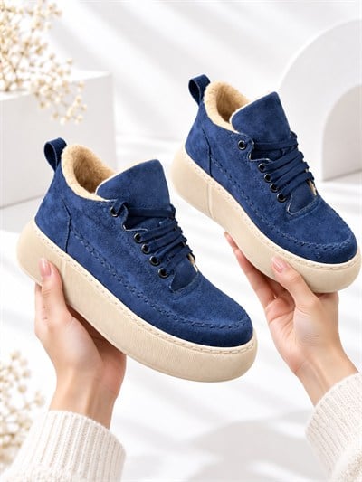 NOLEN Kadın Lacivert Bağcıklı Lüks Süet İçi Kürklü 4 Cm Kalın Taban Sneaker Spor Ayakkabı