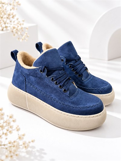 NOLEN Kadın Lacivert Bağcıklı Lüks Süet İçi Kürklü 4 Cm Kalın Taban Sneaker Spor Ayakkabı