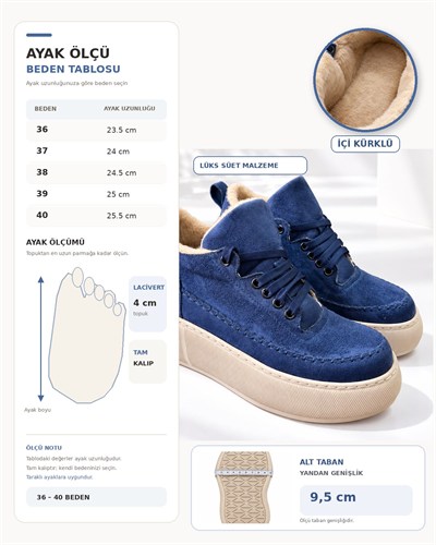 NOLEN Kadın Lacivert Bağcıklı Lüks Süet İçi Kürklü 4 Cm Kalın Taban Sneaker Spor Ayakkabı
