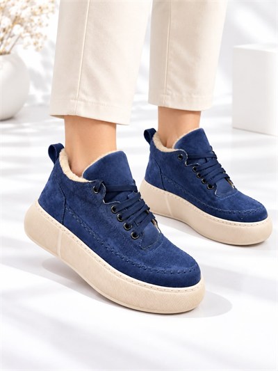 NOLEN Kadın Lacivert Bağcıklı Lüks Süet İçi Kürklü 4 Cm Kalın Taban Sneaker Spor Ayakkabı