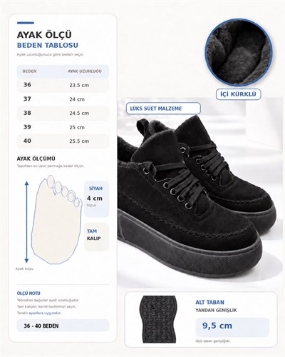 NOLEN Kadın Siyah Bağcıklı Lüks Süet İçi Kürklü 4 Cm Kalın Taban Sneaker Spor Ayakkabı
