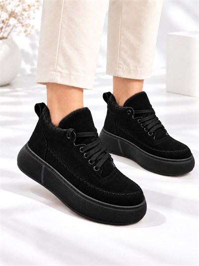 NOLEN Kadın Siyah Bağcıklı Lüks Süet İçi Kürklü 4 Cm Kalın Taban Sneaker Spor Ayakkabı