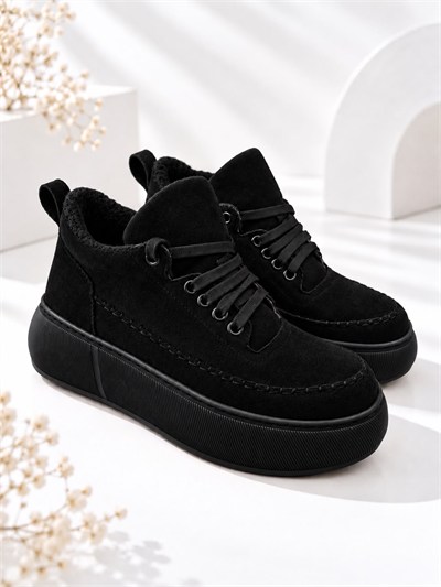 NOLEN Kadın Siyah Bağcıklı Lüks Süet İçi Kürklü 4 Cm Kalın Taban Sneaker Spor Ayakkabı