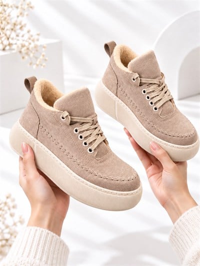 NOLEN Kadın Vizon Bağcıklı Lüks Süet İçi Kürklü 4 Cm Kalın Taban Sneaker Spor Ayakkabı