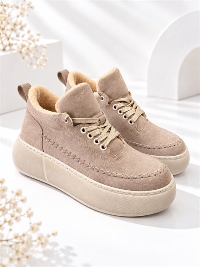 NOLEN Kadın Vizon Bağcıklı Lüks Süet İçi Kürklü 4 Cm Kalın Taban Sneaker Spor Ayakkabı