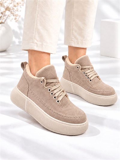 NOLEN Kadın Vizon Bağcıklı Lüks Süet İçi Kürklü 4 Cm Kalın Taban Sneaker Spor Ayakkabı