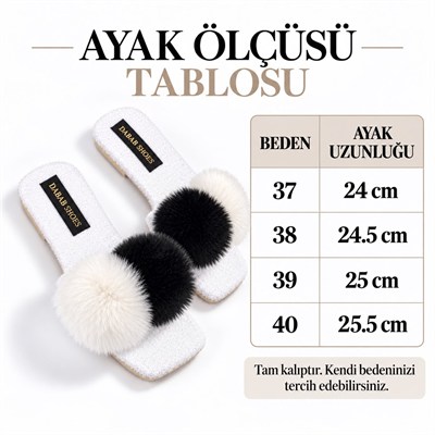 POMELLA Kadın Beyaz Çift Ponponlu Peluş Bantlı Kaymaz Tabanlı Önü Açık Ev Terliği