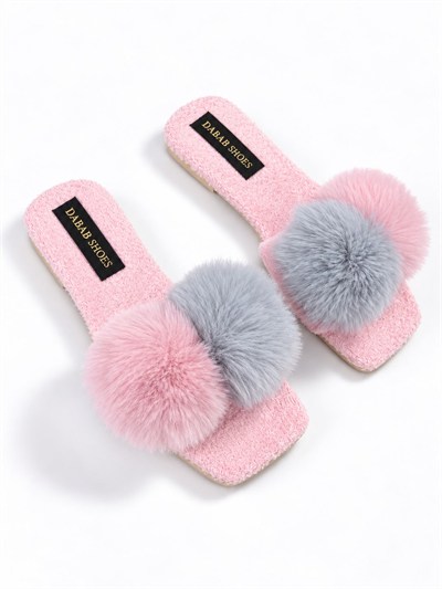 POMELLA Kadın Pembe Çift Ponponlu Peluş Bantlı Kaymaz Tabanlı Önü Açık Ev Terliği