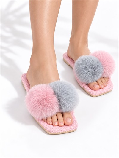 POMELLA Kadın Pembe Çift Ponponlu Peluş Bantlı Kaymaz Tabanlı Önü Açık Ev Terliği