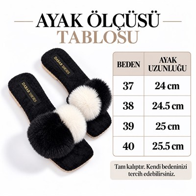 POMELLA Kadın Siyah Çift Ponponlu Peluş Bantlı Kaymaz Tabanlı Önü Açık Ev Terliği