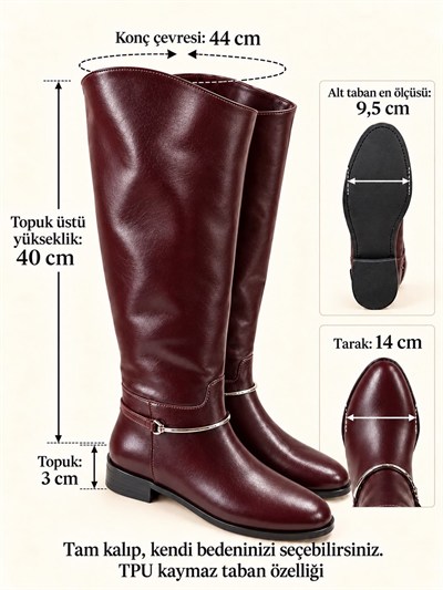 RUSTLE Kadın Bordo Kırışık Rugan Metal Halka Detaylı Sıcak Astarlı Kaymaz Taban 3 Cm Topuklu Uzun Konç Çizme
