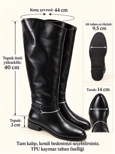 RUSTLE Kadın Siyah Kırışık Rugan Metal Halka Detaylı Sıcak Astarlı Kaymaz Taban 3 Cm Topuklu Uzun Konç Çizme