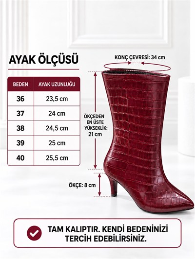 SELVIA Kadın Bordo Kroko Cilt Sivri Burun İçi İnce Kürklü 8 Cm İnce Topuklu Orta Konç Bot Bootie