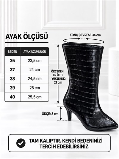 SELVIA Kadın Siyah Kroko Cilt Sivri Burun İçi İnce Kürklü 8 Cm İnce Topuklu Orta Konç Bot Bootie