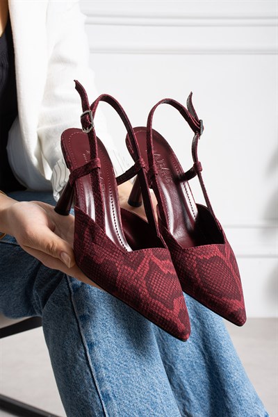 SNAPE Kadın Bordo Yılan Desenli Sivri Burun 7 cm Topuklu Slingback Ayakkabı