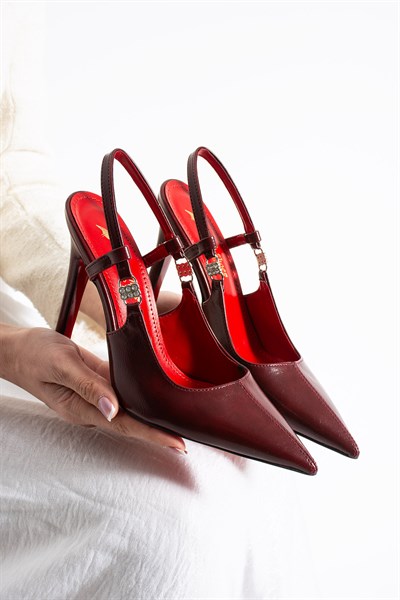 VELMORA Kadın Bordo Sivri Burun Slingback 11 cm İnce Topuk Taş Aksesuar Detaylı Ayakkabı