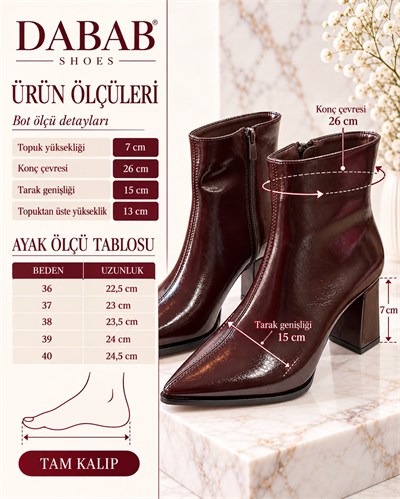 YONA Kadın Acı Kahve Kırışık Rugan Sivri Burun Ön Dikiş Detaylı Fermuarlı İçi Sıcak Astarlı 7 Cm Kalın Topuklu Bot Bootie