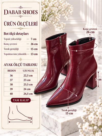 YONA Kadın Bordo Kırışık Rugan Sivri Burun Ön Dikiş Detaylı Fermuarlı İçi Sıcak Astarlı 7 Cm Kalın Topuklu Bot Bootie
