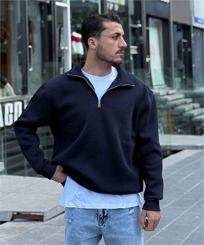 MAN NEW SEASON PAMUKLU FERMUARLI LACİVERT SWEATSHIRT