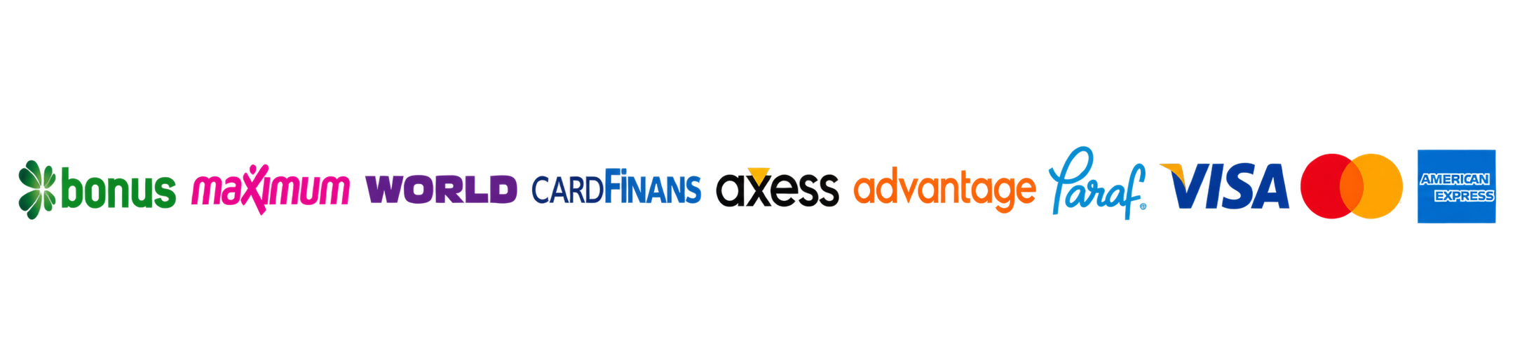 Bonus, Maximum, World, CardFinans, Axess, Advantage, Paraf, Visa, Mastercard ve American Express