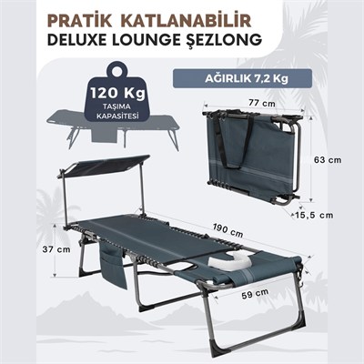 KingCamp Magnolia B10 Plus Hands-Free Premium 7 Kademeli Katlanır Şezlong Blue/Grey