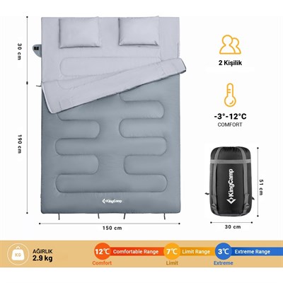 Kingcamp Oxygen 250-D Çift Kişilik Yastıklı Uyku Tulumu M.grey