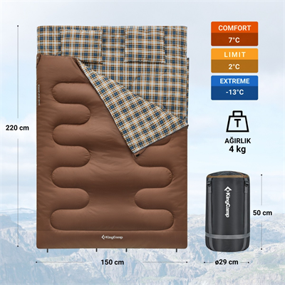 KingCamp Snowflake 300-D Ultra Çift Kişilik Uyku Tulumu Coffee