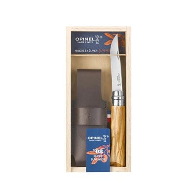 Opinel N°8 Zeytin Saplı Deri Kılıflı Çelik Çakı (Özel Kutulu)