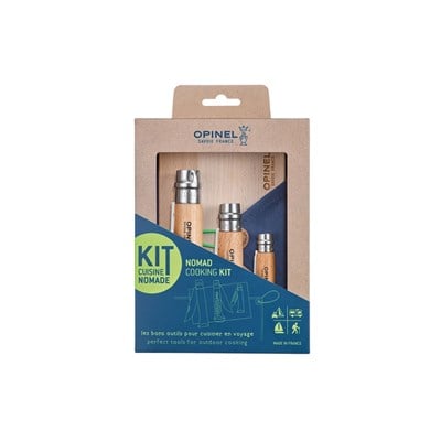 Opinel Nomad Pişirme Seti N°10 Tirbuşonlu Çakı + N°12 Tırtıklı Bıçak + N°6 Soyucu + Kayın Kesme Tahtası + Mikrofiber Havlu