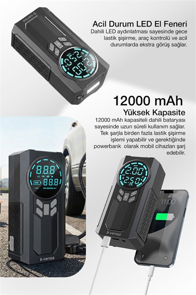 Yek Outdoor Akıllı Dijital Ekranlı Araç Lastik Şişirici ve Akü Takviye Cihazı – 150 PSI | 12.000 mAh
