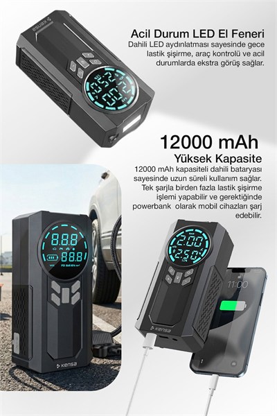 Yek Outdoor Akıllı Dijital Ekranlı Araç Lastik Şişirici ve Akü Takviye Cihazı – 150 PSI | 12.000 mAh