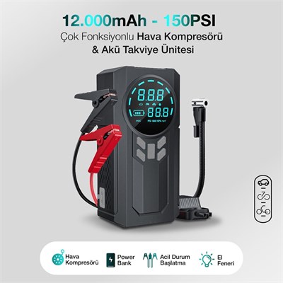 Yek Outdoor Akıllı Dijital Ekranlı Araç Lastik Şişirici ve Akü Takviye Cihazı – 150 PSI | 12.000 mAh