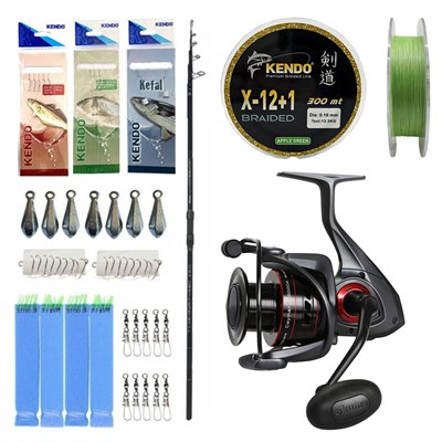 YekOutdoor Full Profesyonel Olta Seti Okuma Ceymar Tele surf 4.30M Surf Kamışı&Okuma Ceymar C-8000A Dark Grey 7+1BB Olta Makinesi