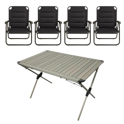 YekOutdoor Katlanabilir Alüminyum Kamp Masası ve 4 Kişilik Konforlu Kamp Sandalyesi Seti