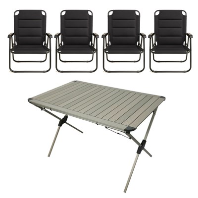 YekOutdoor Katlanabilir Alüminyum Kamp Masası ve 4 Kişilik Konforlu Kamp Sandalyesi Seti