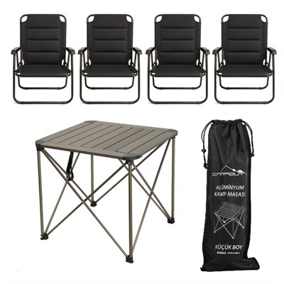 YekOutdoor Katlanabilir Küçük Alüminyum Kamp Masası ve 4 Kişilik Konforlu Kamp Sandalyesi Seti