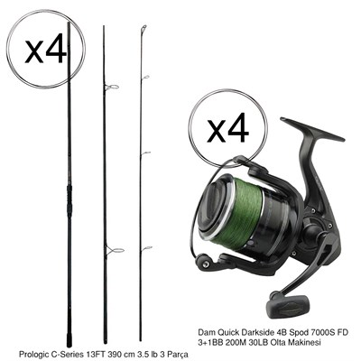 YekOutdoor Profesyonel 4lü  Göl Olta Seti Prologic C-Series 13FT 390 cm 3.5 lb 3 Parça&Dam 7000S FD 3+1BB Olta Makinesi