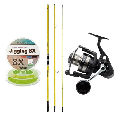 YekOutdoor Profesyonel Olta Seti Okuma Makaira Surf 4,50 cm 100-250 3 Parça Yellow Surf Kamışı&Savage Gear SGS8 8000 FD 8+1BB Olta Makinesi
