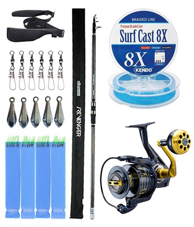YekOutdoor Profesyonel Olta Seti Okuma Revenger Tele Surf 420 cm 4 Parça Surf Kamışı&Okuma Salina SA-8000A Blue 6+1BB Olta Makinesi