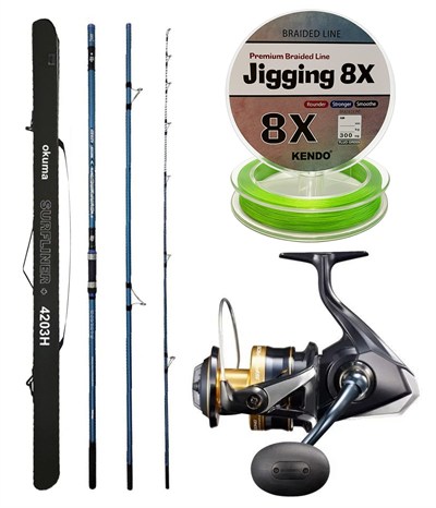 YekOutdoor Profesyonel Olta Seti Okuma Surfliner+ Surf 420cm 3 Parça Olta Kamışı&Shimano Makina Spheros 8000 SW A HG