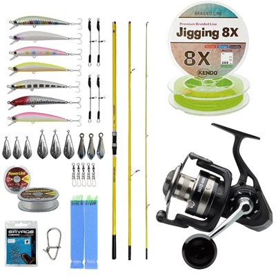 YekOutdoor Yüksek Performans Okuma Olta Seti Okuma Makaira Surf 4,30 cm 100-250 gr 3 Parça Yellow Surf Kamışı&Savage Gear SGS8 8000 FD 8+1BB Olta Makinesi