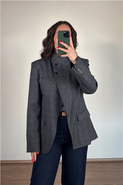 Antrasit Çizgili Dik Yaka Blazer Ceket