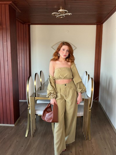 BAĞLAMA DETAYLI BÜSTİYER VE GENİŞ PAÇA PANTOLONLU 3LÜ SET