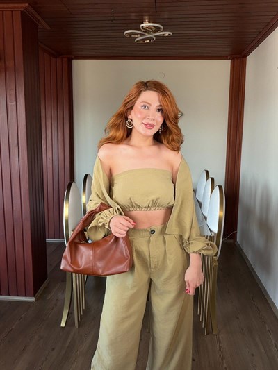 BAĞLAMA DETAYLI BÜSTİYER VE GENİŞ PAÇA PANTOLONLU 3LÜ SET
