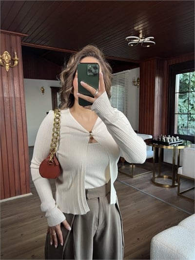 Ekru Gold Halka Detaylı Fitilli Hırka ve Atlet İkili Takım
