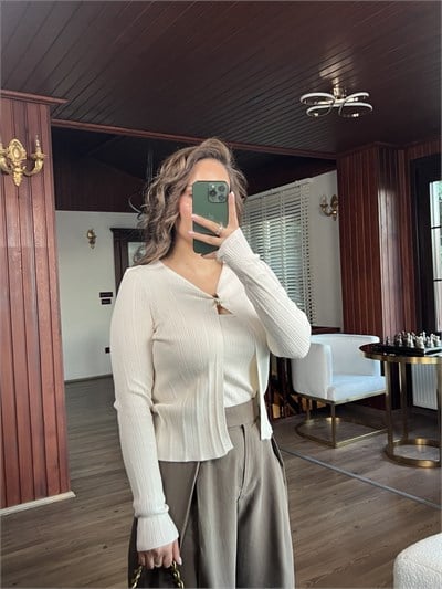Ekru Gold Halka Detaylı Fitilli Hırka ve Atlet İkili Takım