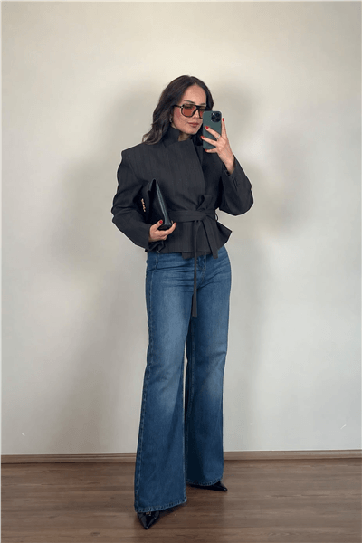 Kahve Kısa Kemerli Blazer Ceket