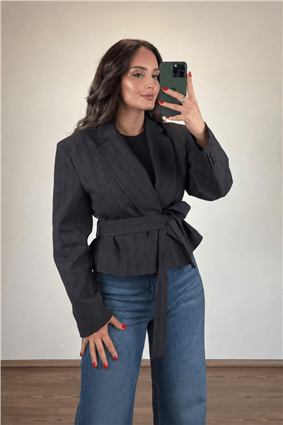 Kahve Kısa Kemerli Blazer Ceket